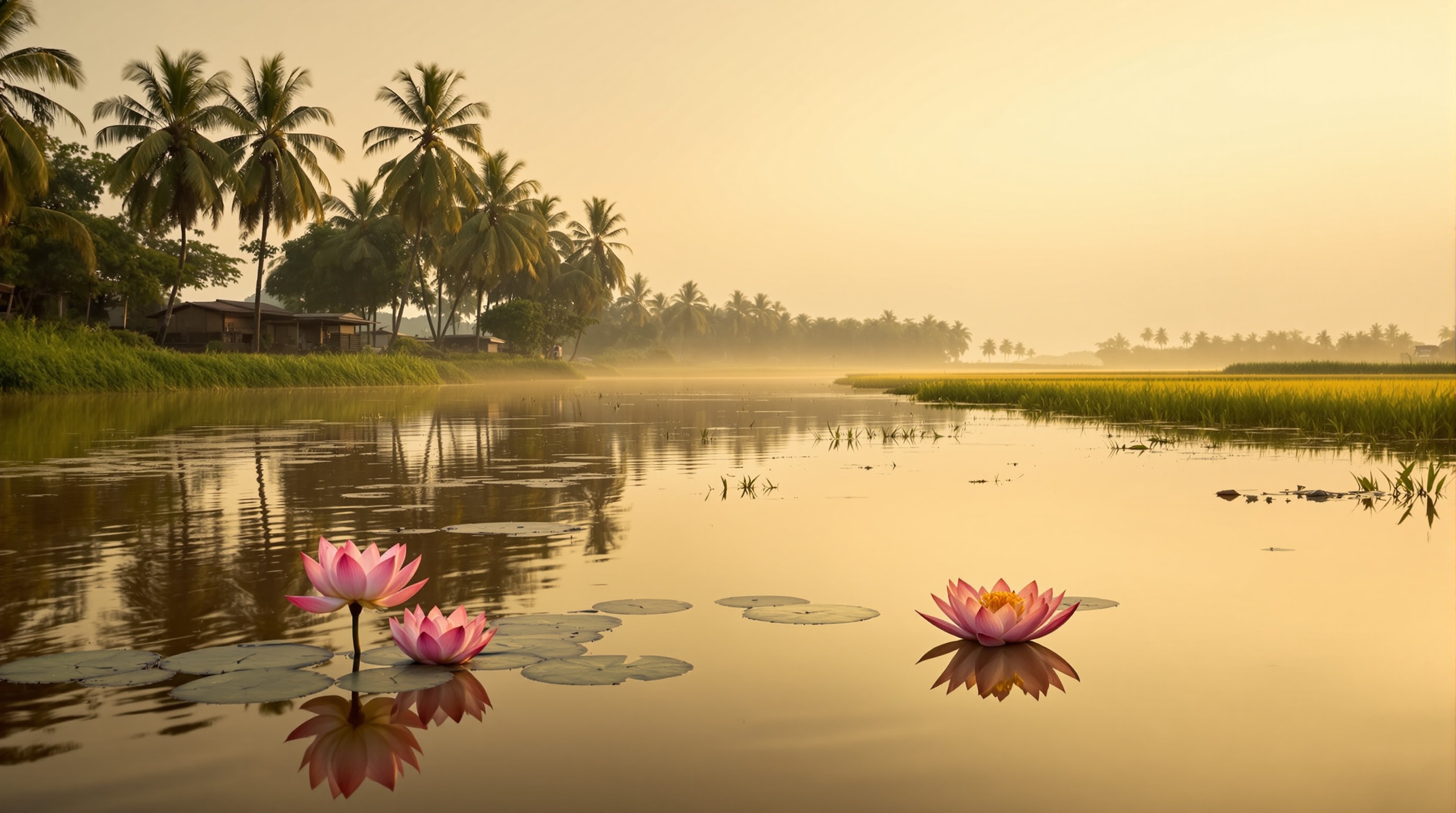 A calm Mekong Delta landscape at dawn with a lotus flower in the foreground