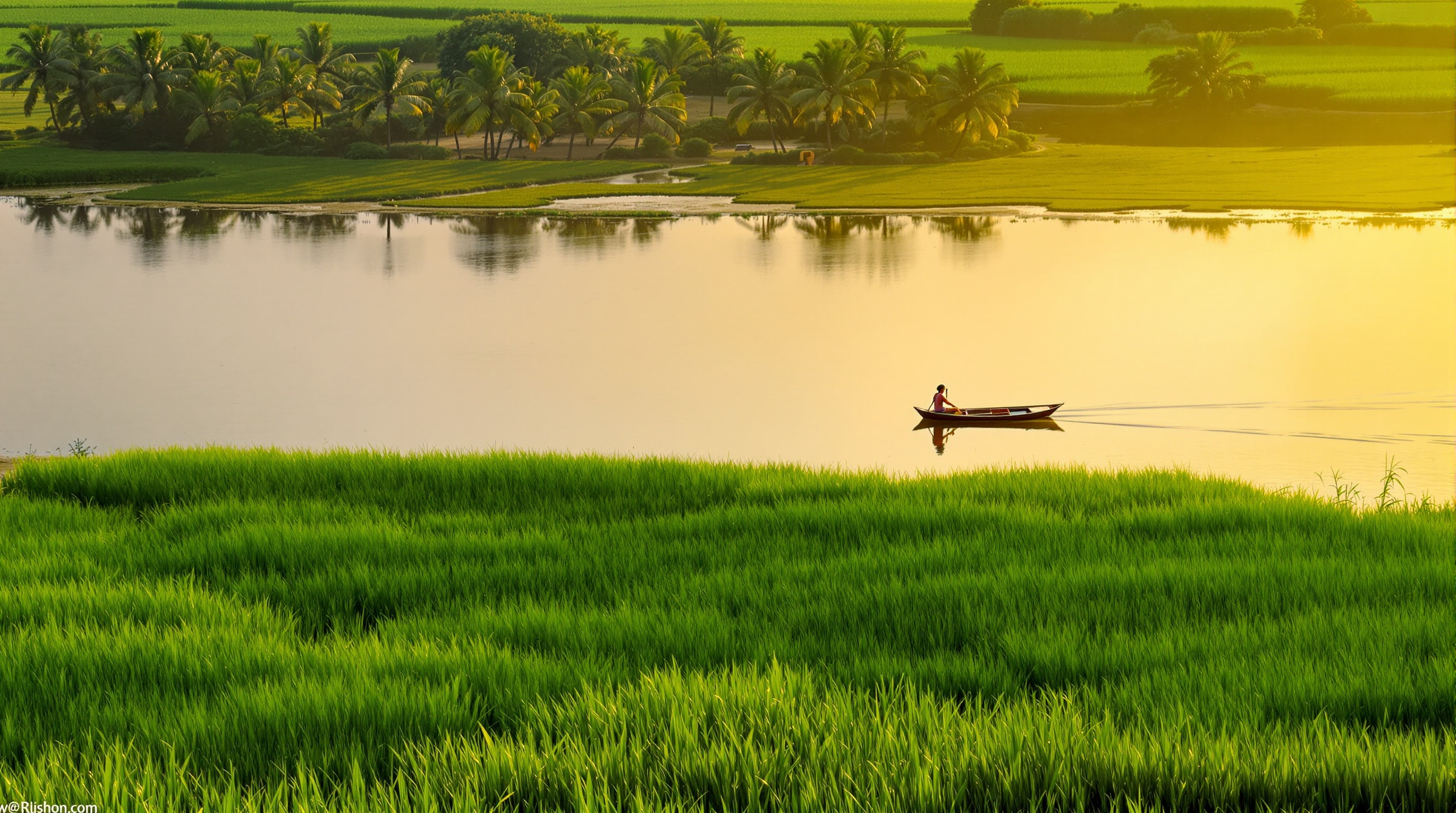 Green rice paddies and a calm river in the Mekong Delta