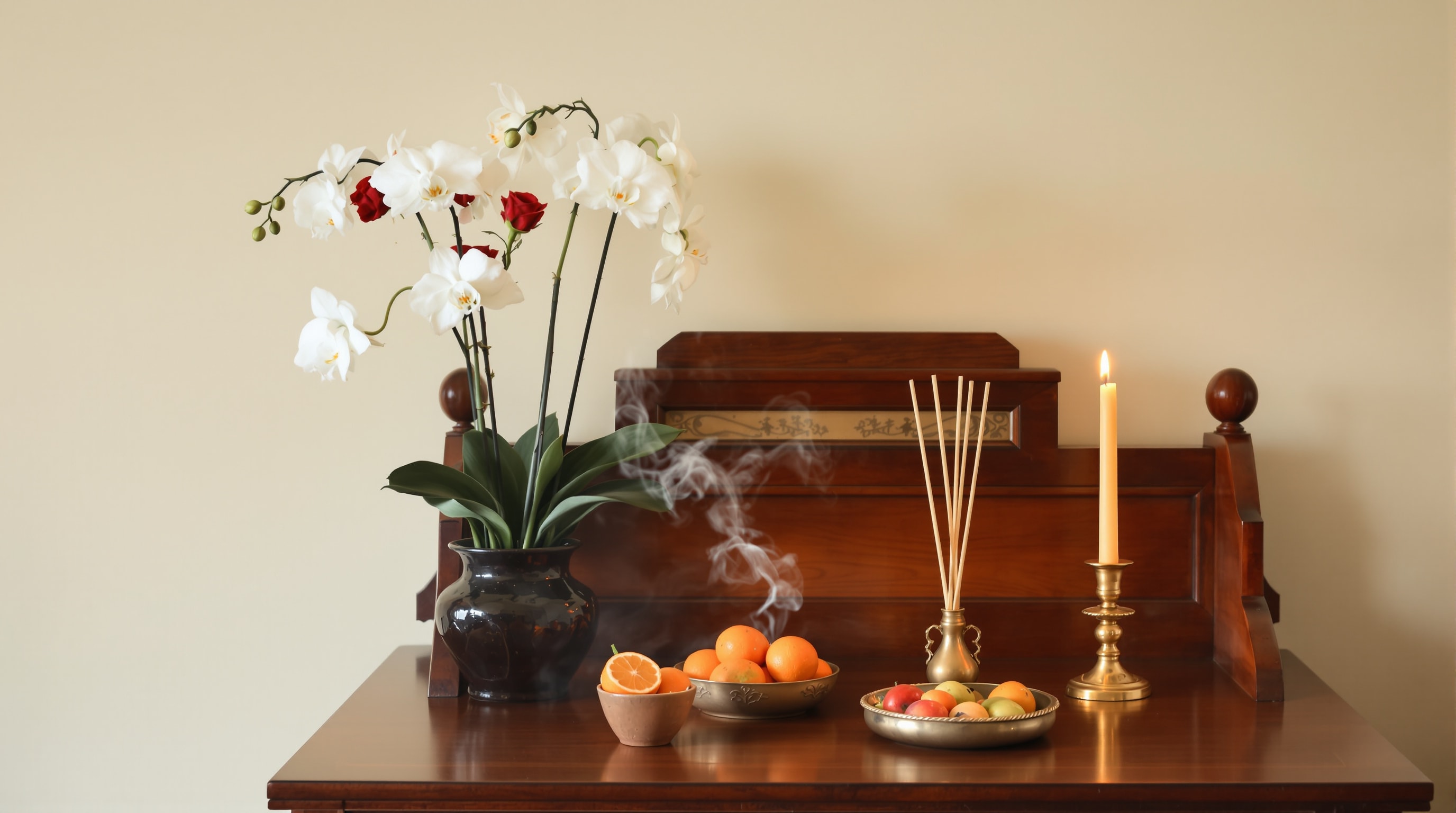 A simple ancestral altar with fresh flowers and incense