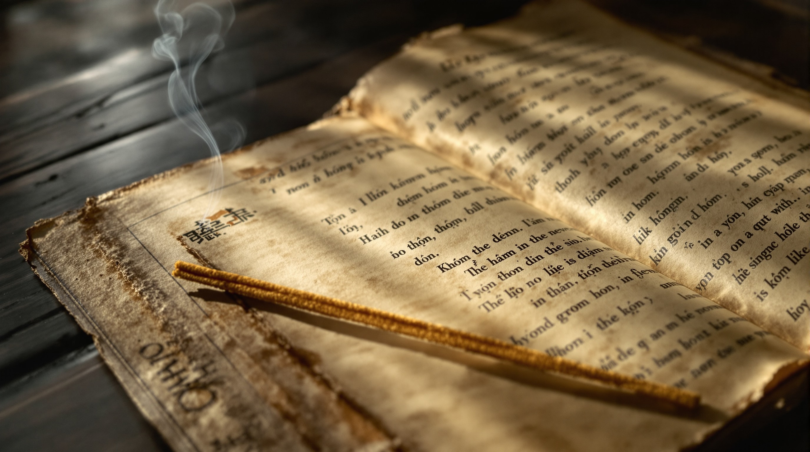 An aged handwritten Vietnamese verse manuscript beside incense on a wooden table