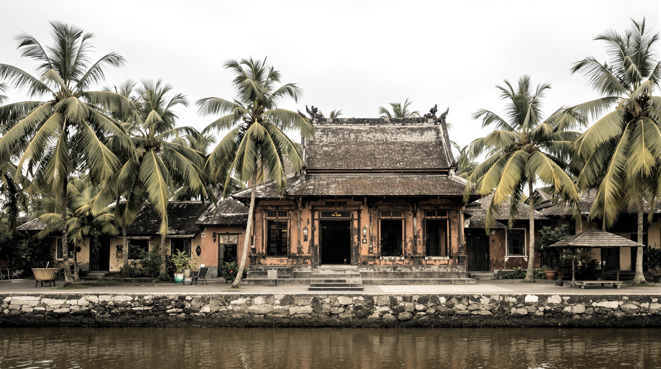 A weathered traditional temple beside a canal in the Mekong Delta