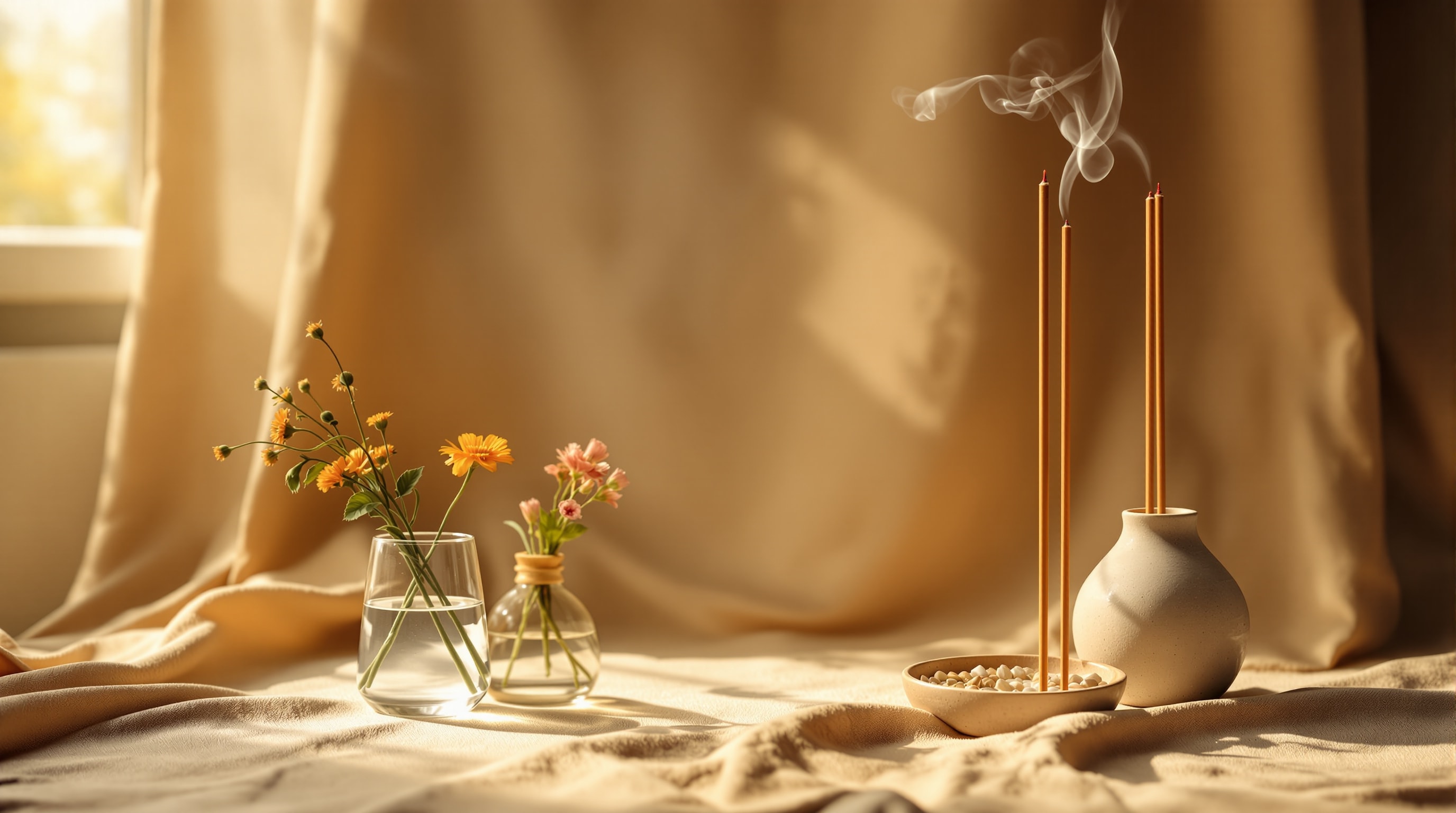 A simple home altar with a brown cloth, fresh water, flowers and incense