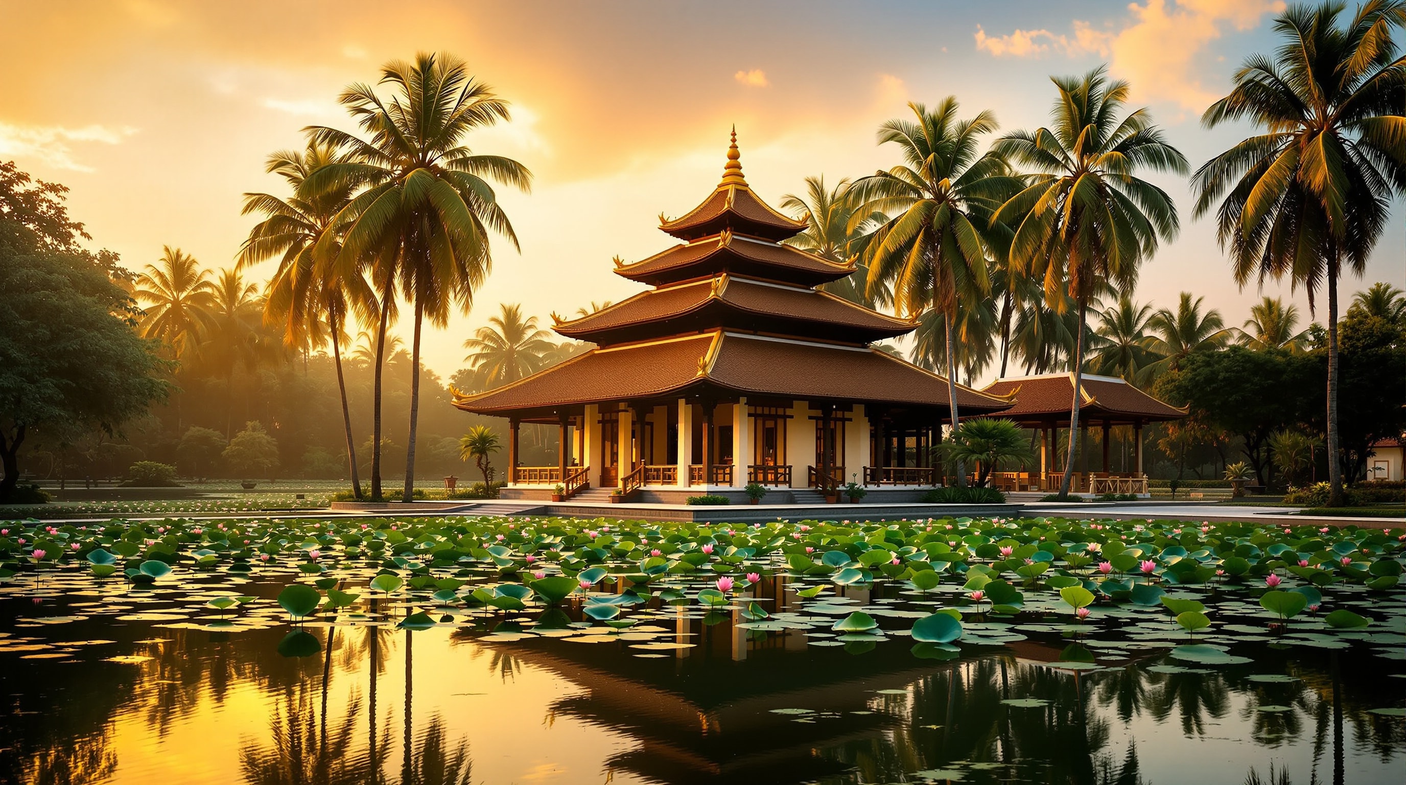 A traditional Vietnamese Buddhist temple beside a lotus pond in the Mekong Delta